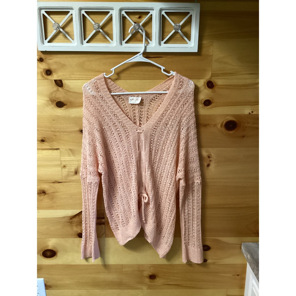 Allie Rose Peach Pink Crochet Knit V-Neck Sweater Lace Up Front Womens S